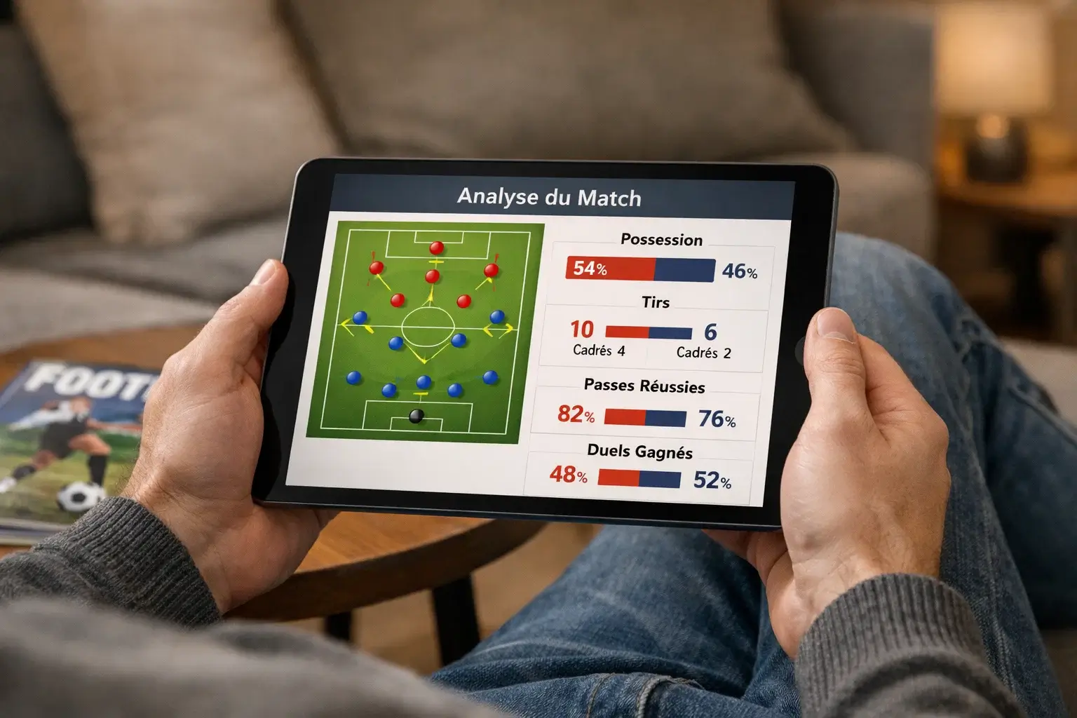 Analyste sportif étudiant les statistiques d'un match de football sur tablette